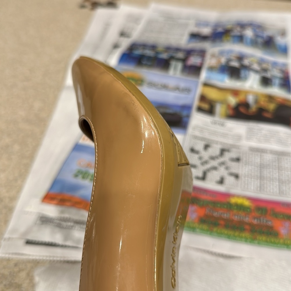 Calvin Klein Patent Pointed-Toe Kitten Heel Pumps in Nude - Picture 15 of 15